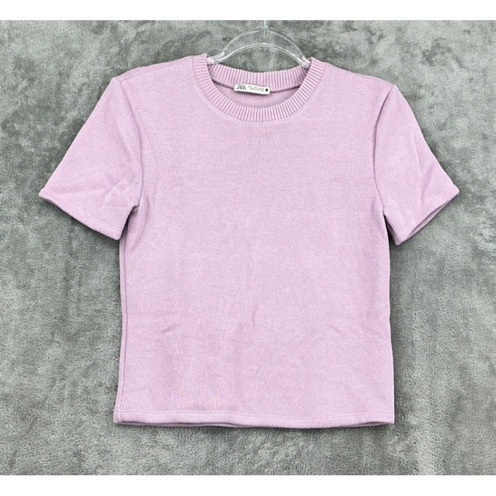 Zara Sweater Womens Small Crew‎ Neck Baby Cropped Fitted Bodycon Stretch Purple